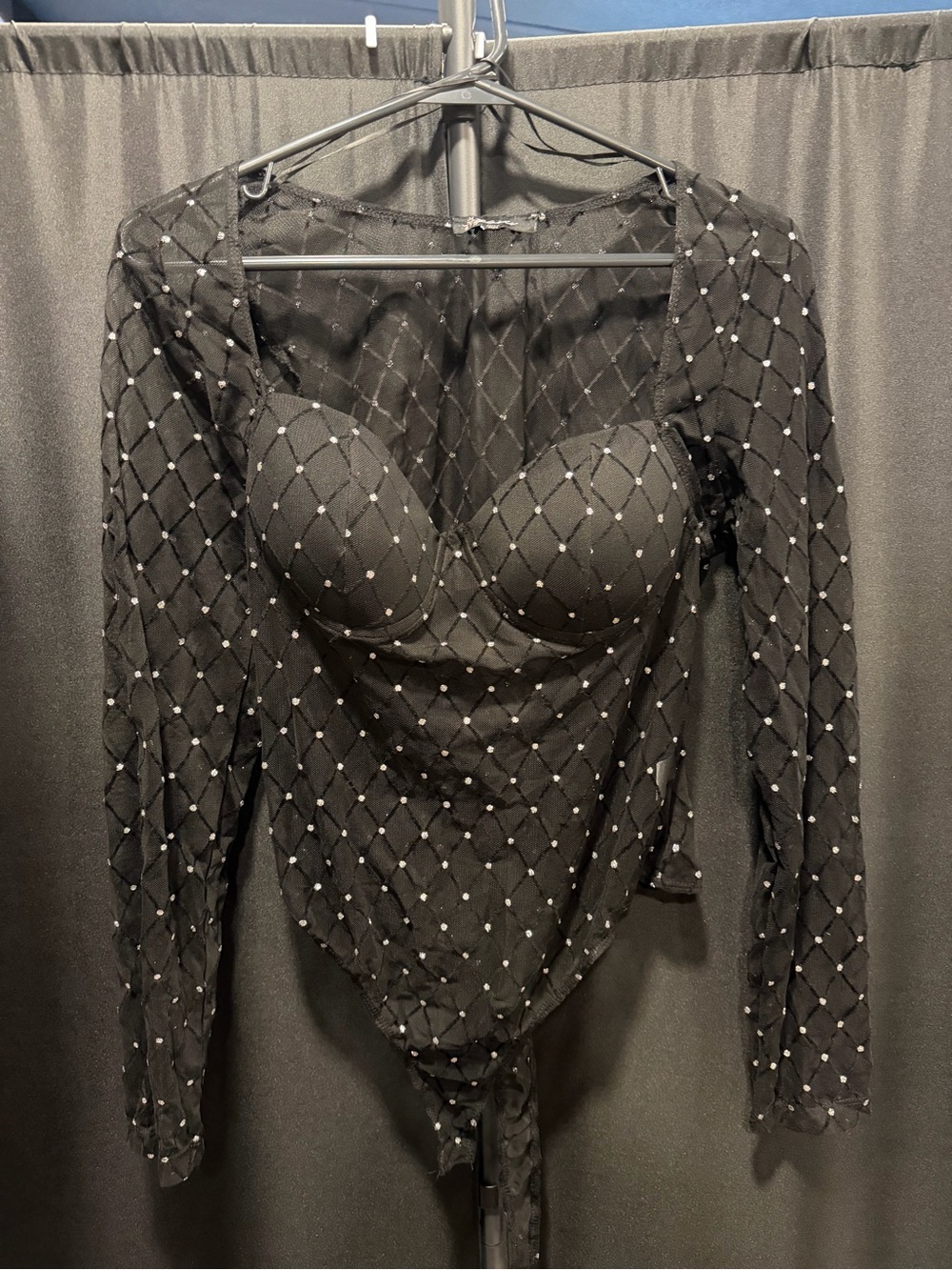 Black Long-Sleeve Rhinestone Mesh Bodysuit